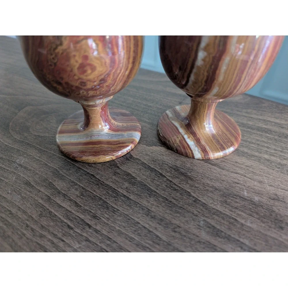 Hand Crafted Onyx Marble Banded Goblets Natural Stone Chalice Set 2 Wine Glasses
